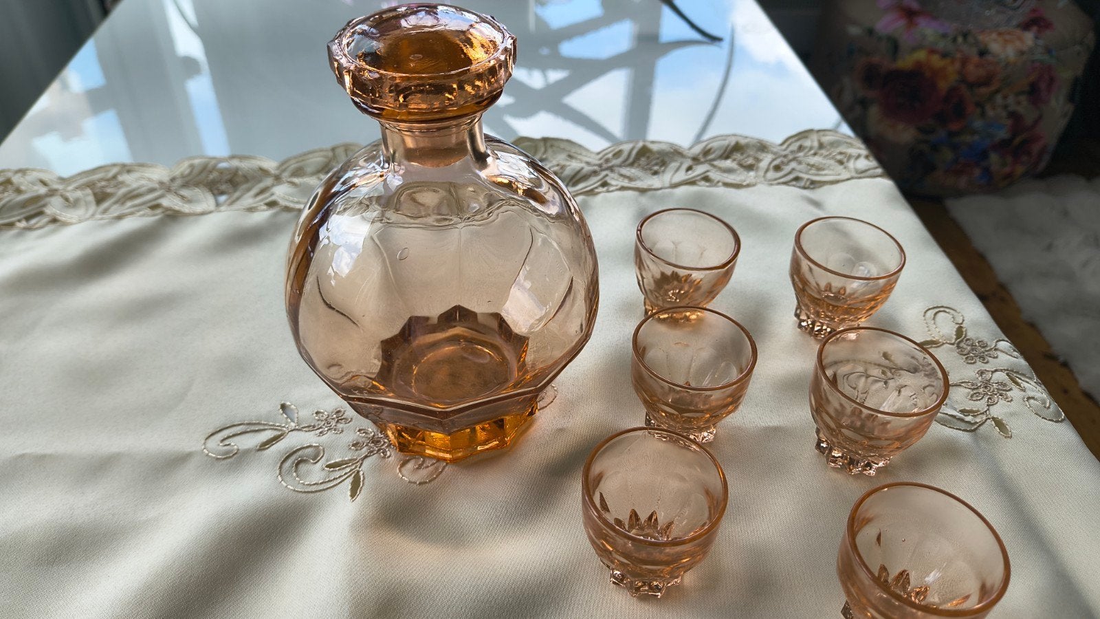 Rosaline Persglas Karaf met Borrelglaasjes (1930-1950), Ophalen of Verzenden