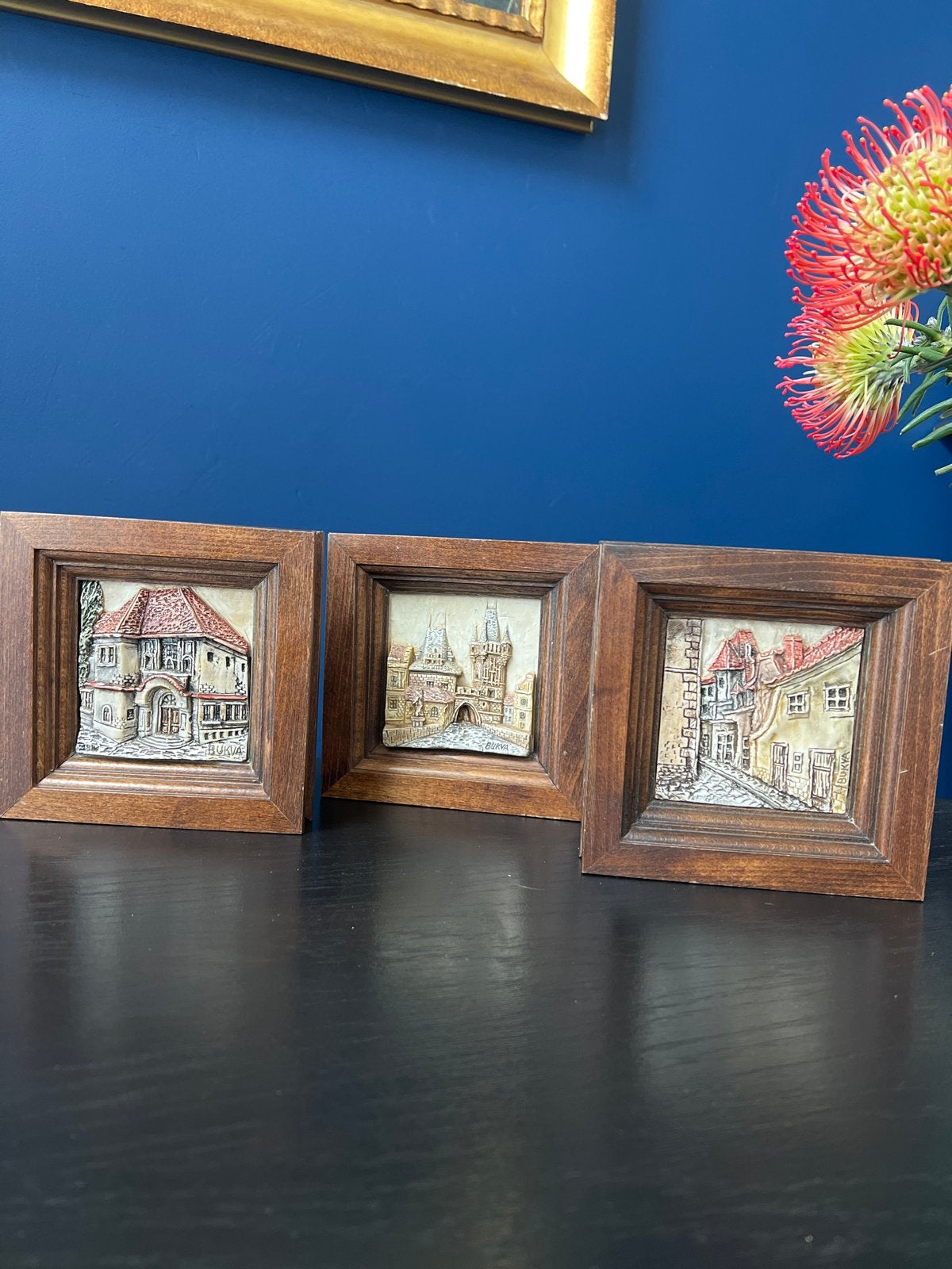 Set van 3 Vintage Bukva 3D Miniatuur Reliëf Schilderijen, Antiek en Kunst, Ophalen of Verzenden