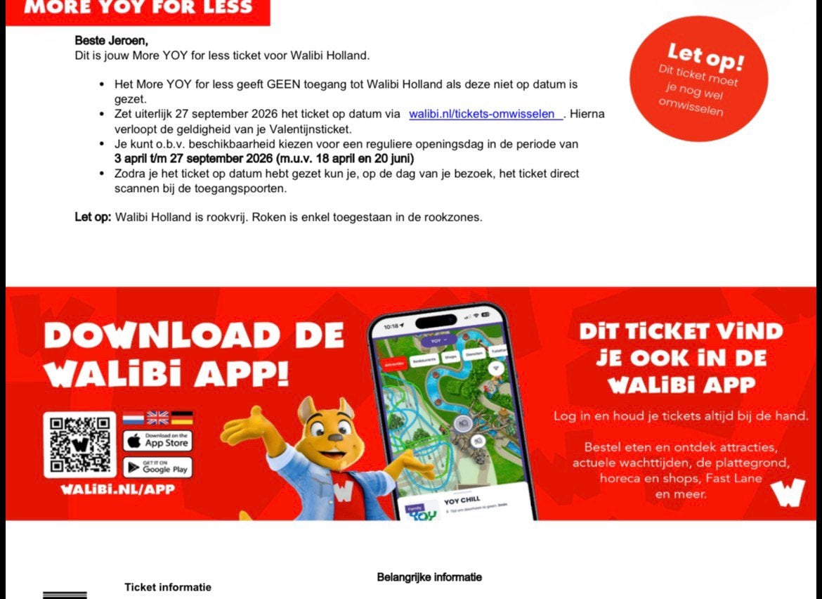 2x entreeticket Walibi Holland incl. Parkeerticket, Twee personen, Ticket of Toegangskaart