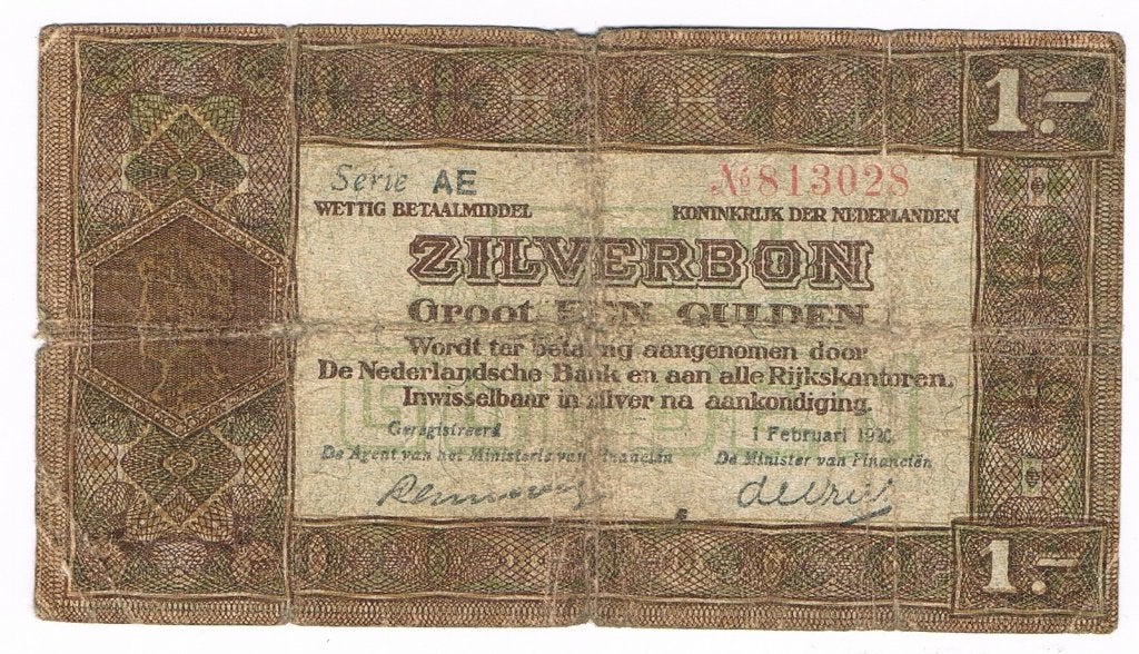 1 gulden zilverbon 1 februari 1920, Postzegels en Munten, Bankbiljetten | Nederland, Verzenden, 1 gulden, Los biljet