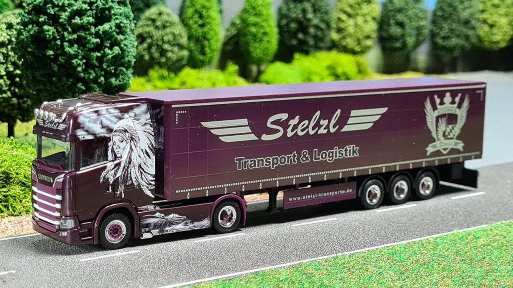 032 Herpa Stelzl Scania S Highline schuifzeilenoplegger, Ophalen of Verzenden, Nieuw, Bus of Vrachtwagen, Herpa