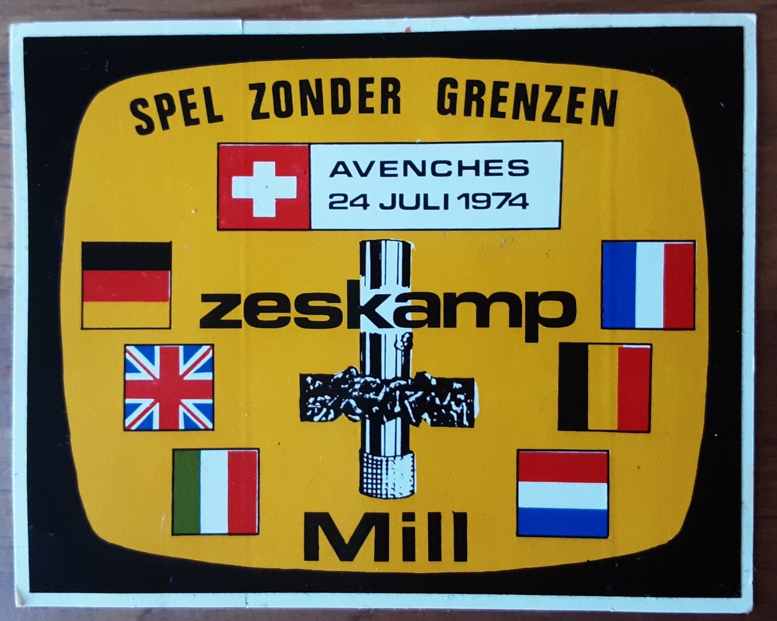 Spel Zonder Grenzen Avenches 1974 Zeskamp Mill Sticker, Ophalen of Verzenden