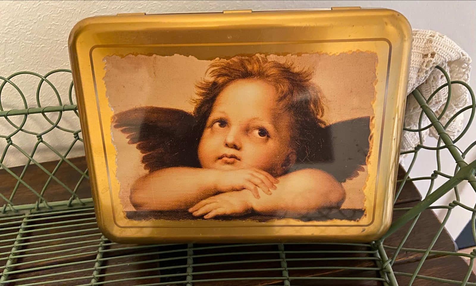 Vintage gouden blik met engel, decoratieve opbergdoos, Verzamelen, Ophalen of Verzenden