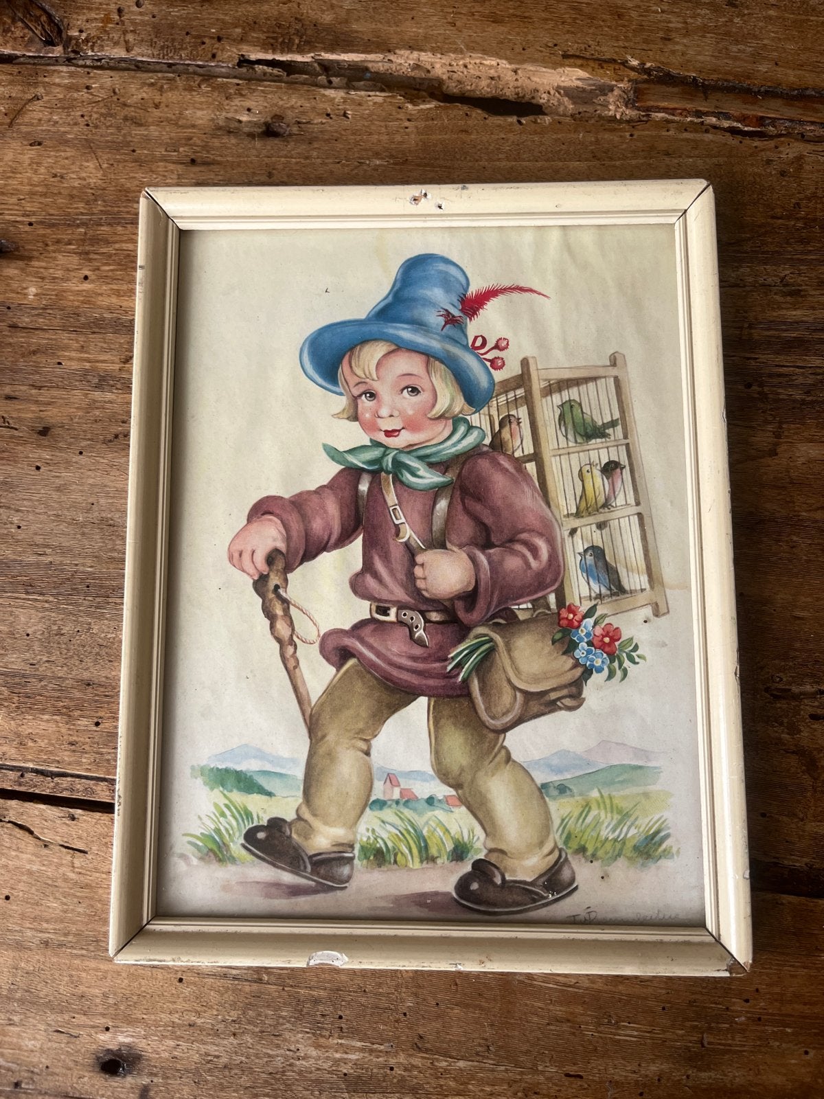 Vintage print jongen met vogels en kooi, Minder dan 50 cm, Gebruikt, Ophalen of Verzenden, Print