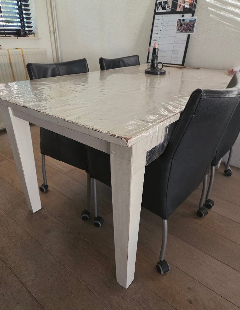 Eetkamertafel en sidetable wit teakhout, Huis en Inrichting, Ophalen, Gebruikt, Teakhout, 150 tot 200 cm