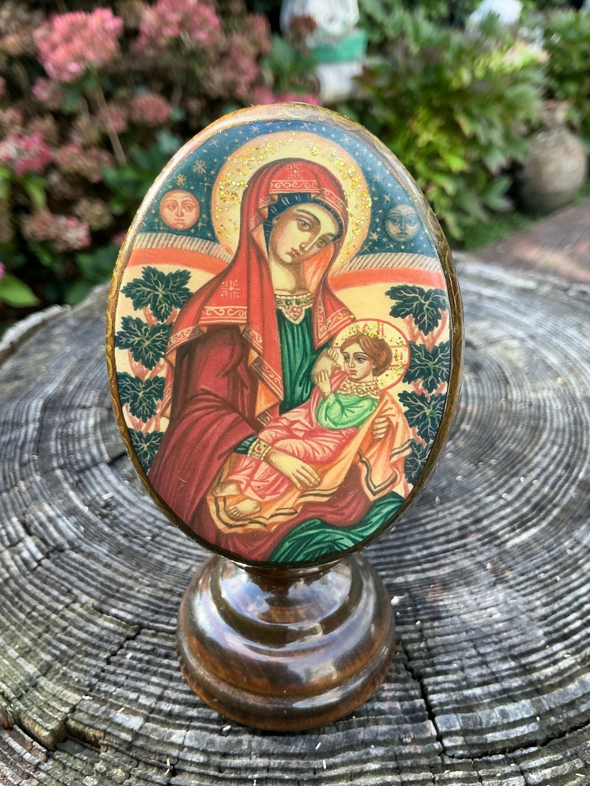 Houten Russisch ei icoon ❤️ met O.L.V. Maria en Kindje, Antiek en Kunst, Ophalen of Verzenden