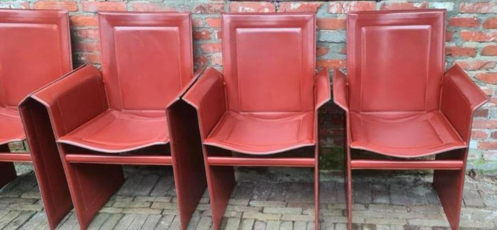 Set van 4 vintage tuigleren eetkamerstoelen, Ophalen, Gebruikt, Modern vintage, Vier