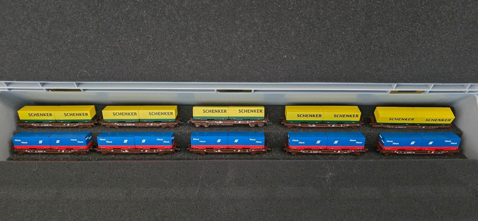 Fleischmann containerwagons Schenker en Haus zu Haus. 10x, Ophalen of Verzenden, Gelijkstroom, Wagon, Fleischmann