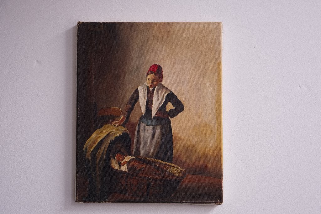 Schilderij Jonge Moeder bij Wieg, Ophalen of Verzenden, Portret of Personen