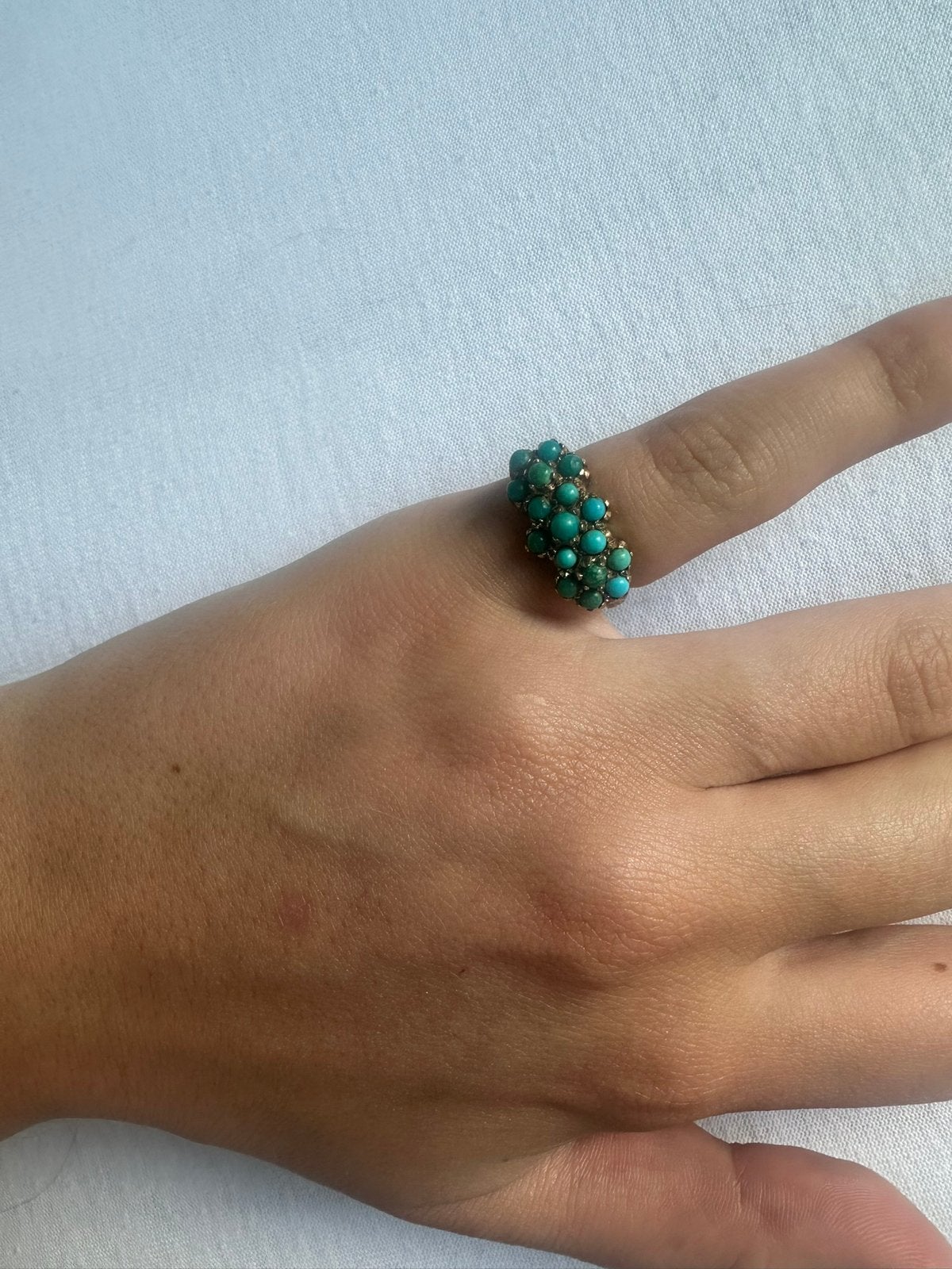 Vintage 9 karaat gouden turkoois cluster ring, Ophalen of Verzenden, Zo goed als nieuw, Goud, Dame