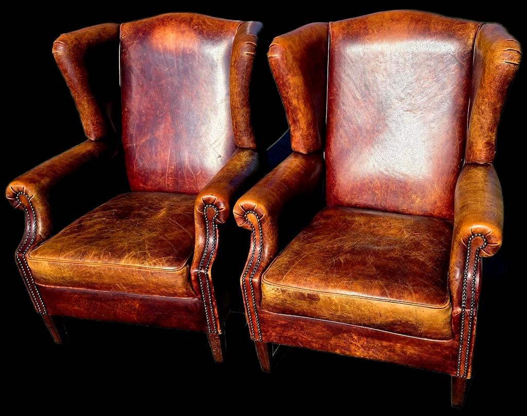2 Vintage schapenleren Fauteuils Chesterfield + BEZORGING, Huis en Inrichting, Fauteuils, Gebruikt, Chesterfield, Klassiek, Vintage