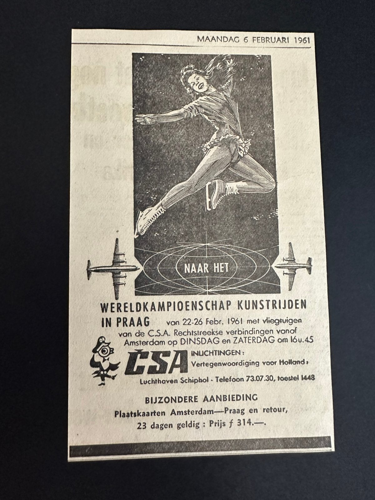 Schaats reklame wereldkampioenschap kunstrijden 1961 Praag, Verzamelen, Ophalen of Verzenden, 1960 tot 1980, Knipsel(s)