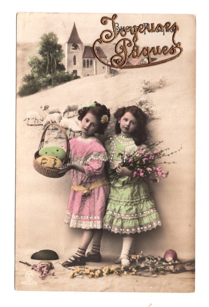 Oude Ansichtkaart Joyeuses Pâques Meisjes Gelopen 1913, Ophalen of Verzenden, Voor 1920, Gelopen, Kinderen