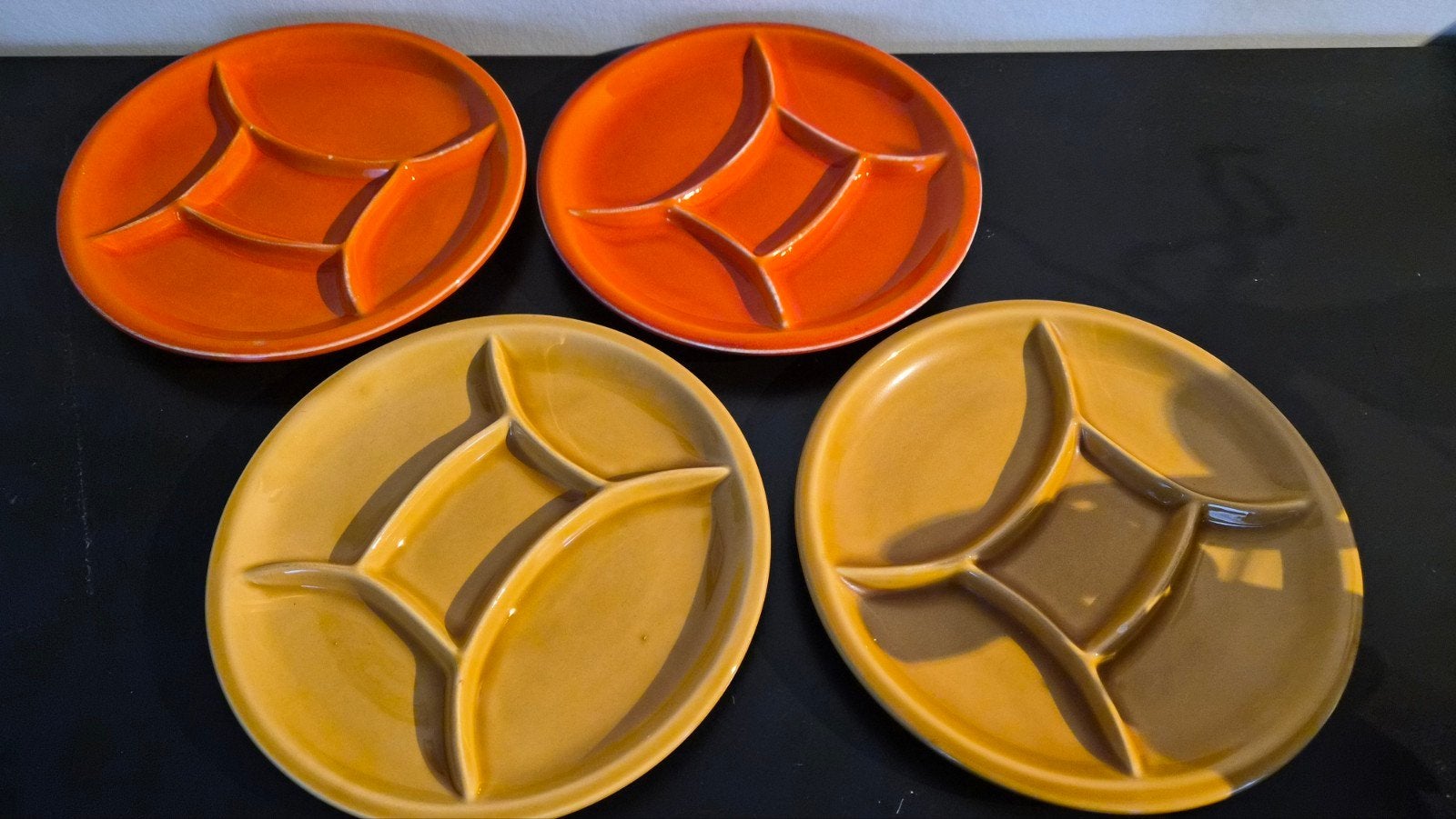 4 Vintage Fondueborden - 2 Geel, 2 Oranje, Ophalen, Gebruikt, Overige stijlen, Bord(en)