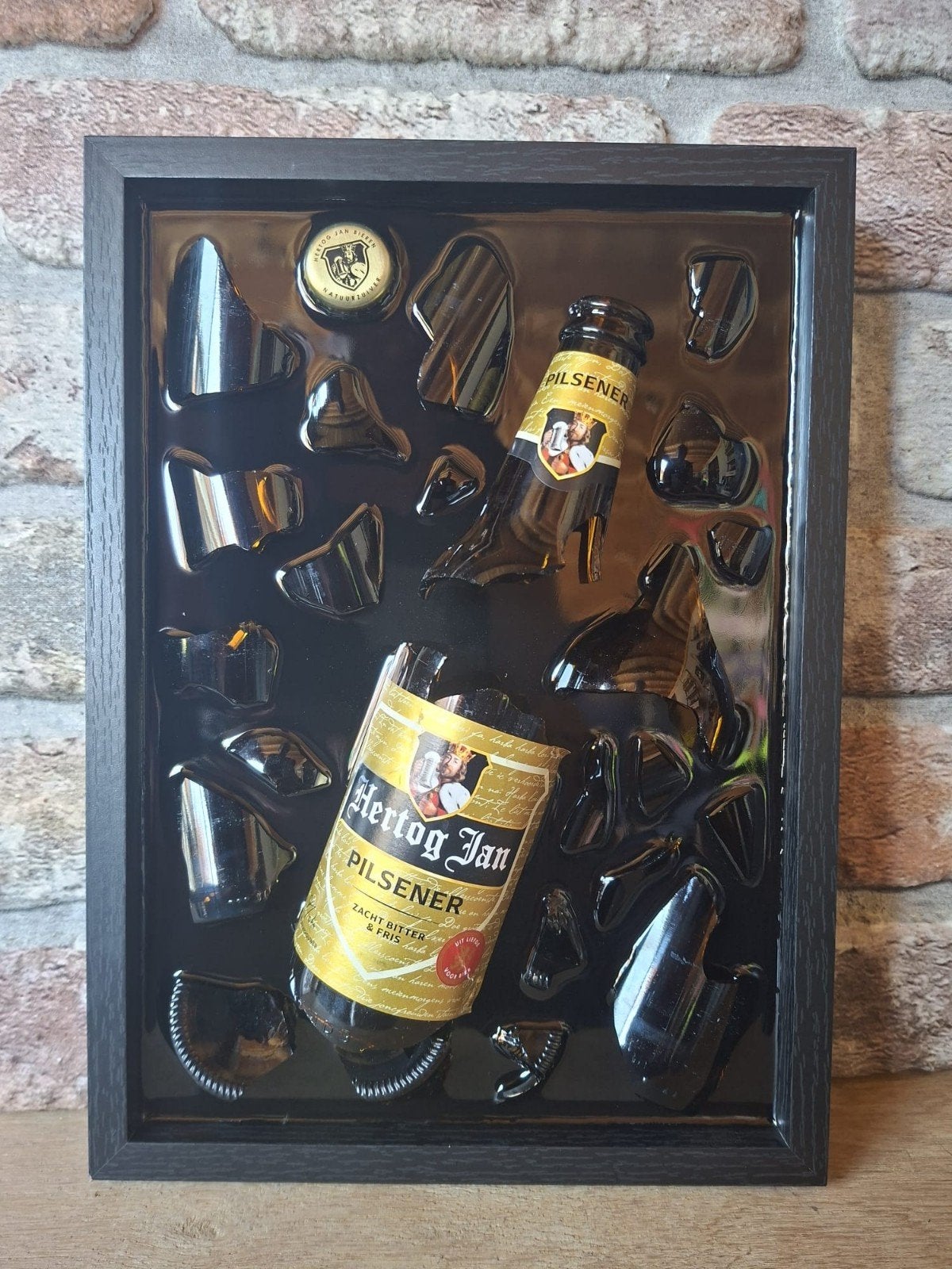Hertog Jan flesje verwerkt in een lijst (3323) met Epoxy, Ophalen of Verzenden