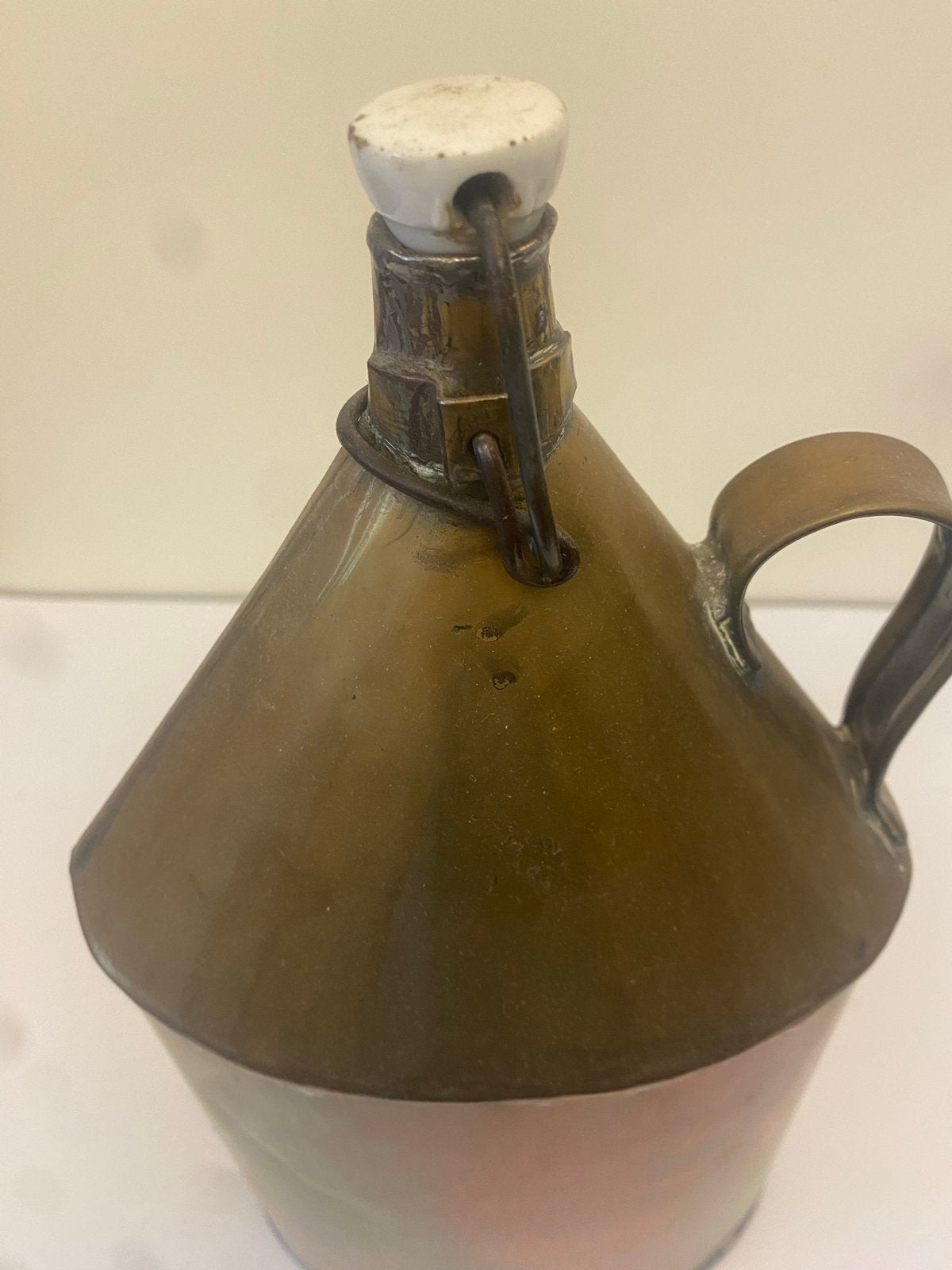Antieke Koperen Boeren Veldfles met Porseleinen Dop, Antiek en Kunst, Ophalen of Verzenden, Koper