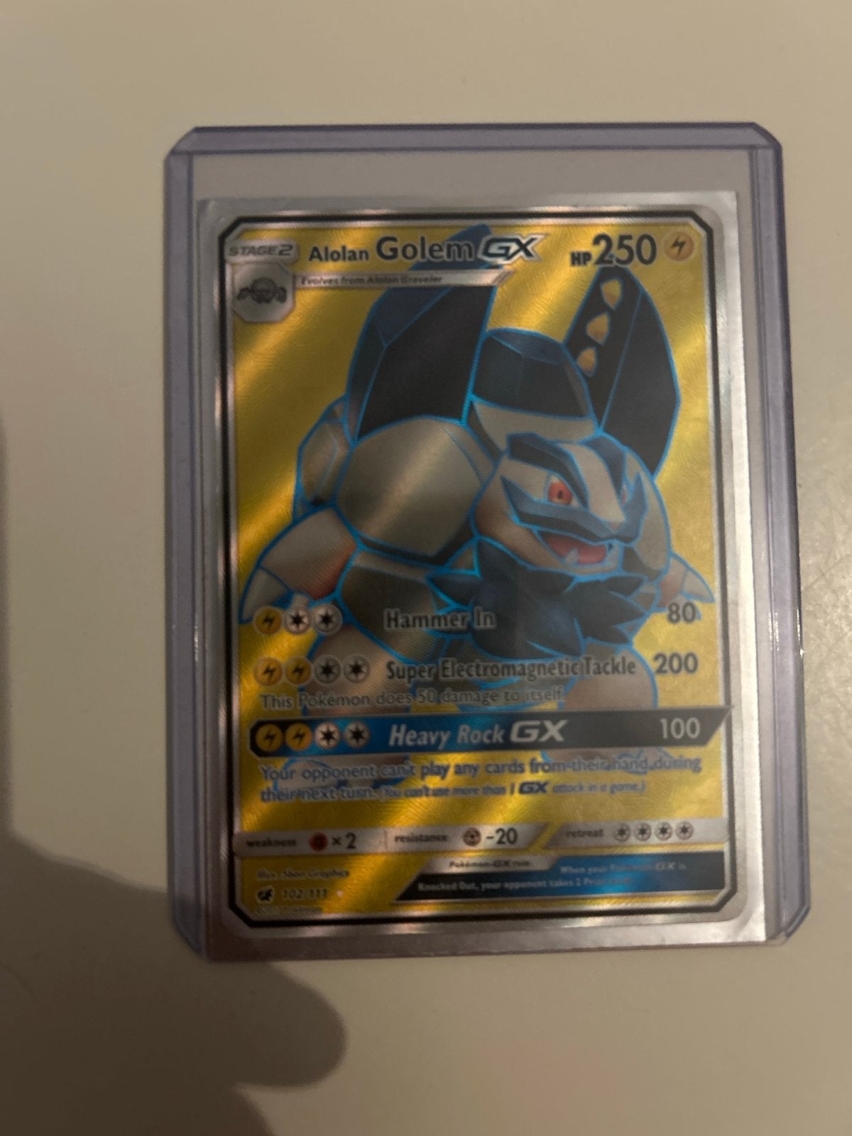 Alolan Golem GX Full Art 102/111 (2017) Pokémon Kaart, Ophalen of Verzenden, Zo goed als nieuw, Losse kaart, Foil
