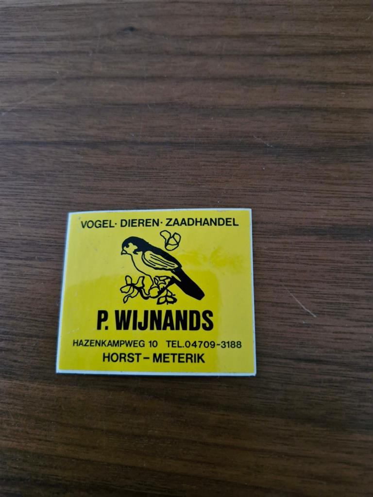 7468  Sticker P. Wijnands Vogel Dieren Zaadhandel Horst, Verzamelen, Ophalen of Verzenden, Gebruikt, Dier en Natuur