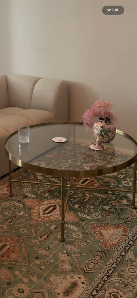 Salontafel glas en goud, Ophalen, 100 tot 150 cm, Rond, 50 tot 100 cm