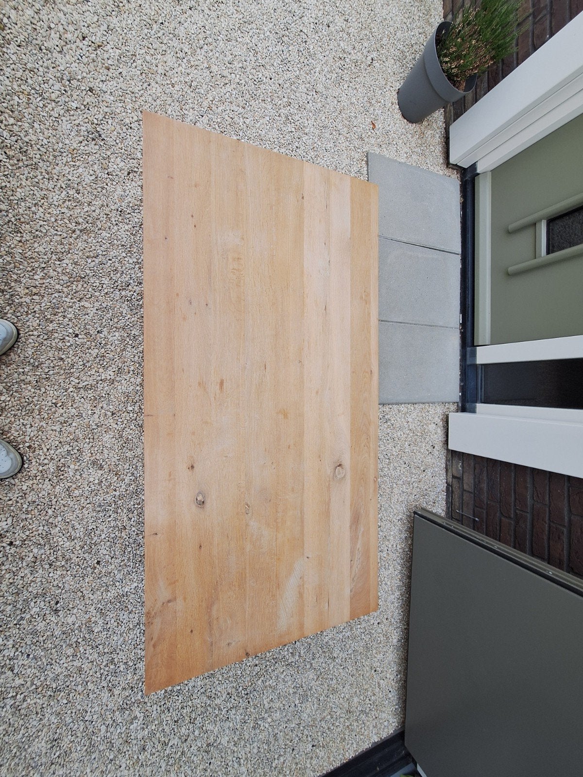 Salontafel rvs met dik eikenblad., Ophalen, Gebruikt, Eikenhout, 100 tot 150 cm