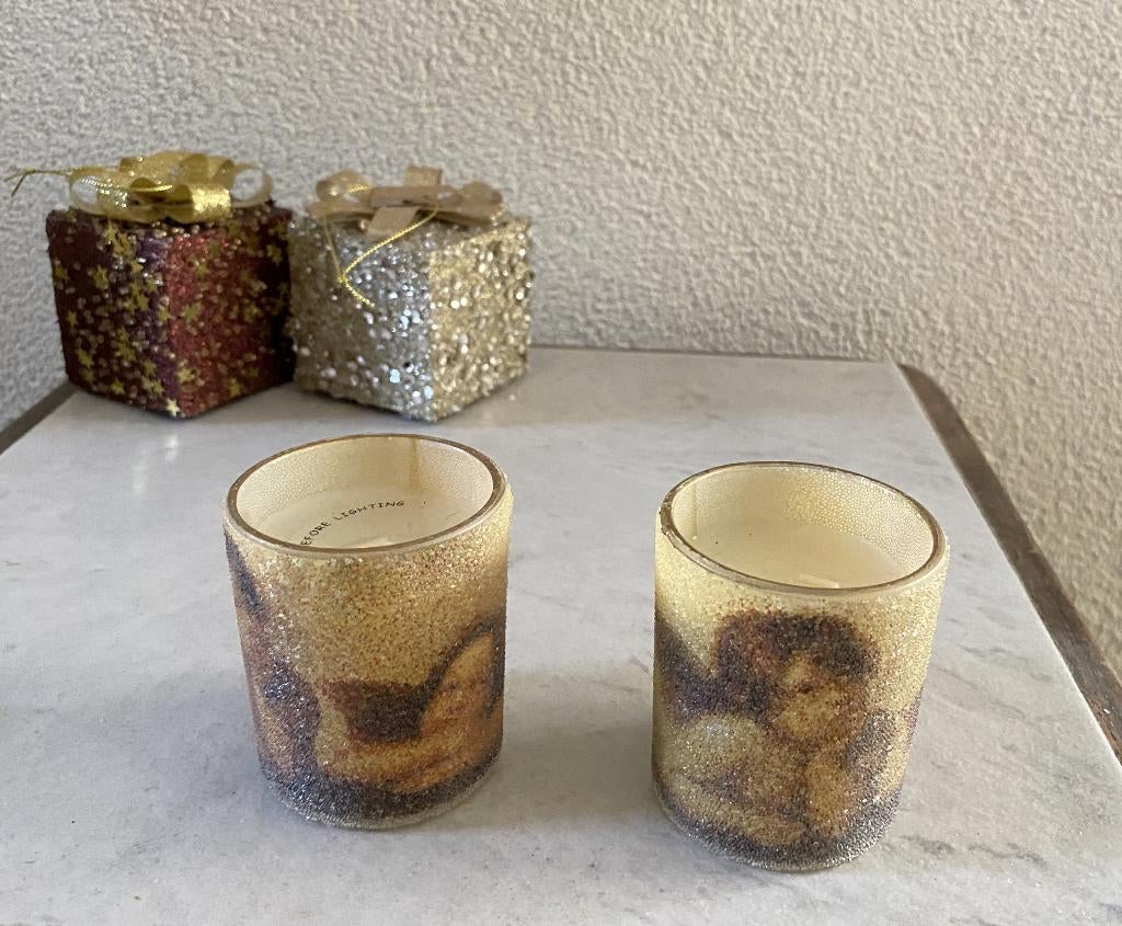 waxinelicht houders / glaasjes met engeltjes decoratie, Overige materialen, Ophalen of Verzenden, Zo goed als nieuw, Bruin