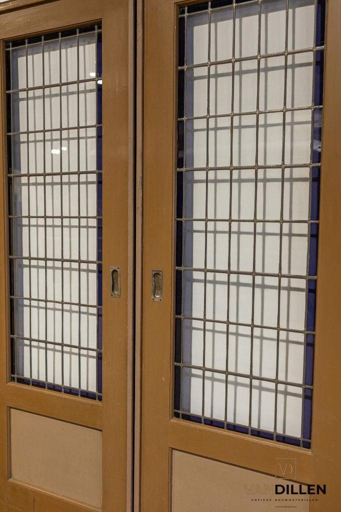 Oude ensuite schuifdeuren glas in lood in topstaat, 120 cm of meer, Binnendeur, Ophalen of Verzenden, 200 tot 215 cm