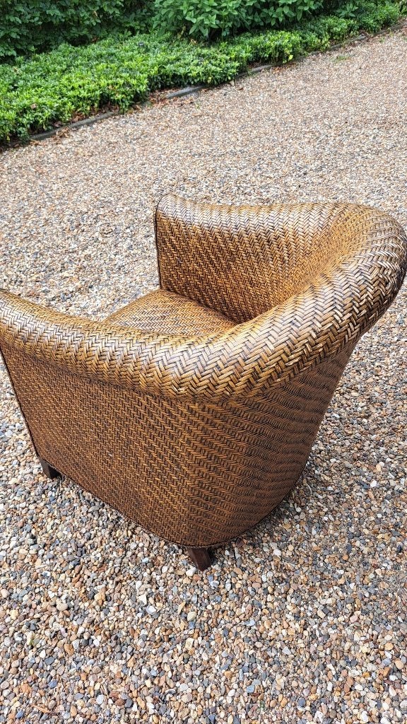Mooie rieten stoel / fauteuil Vishnu met bamboe schil, Huis en Inrichting, Ophalen, Gebruikt, Bruin, Eén