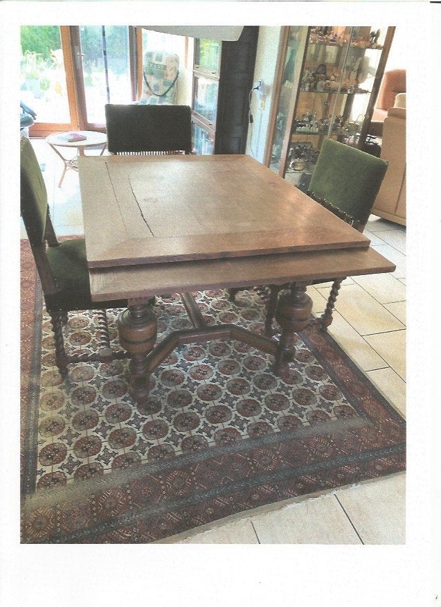 antieke eiken uitschuiftafel met 6 beklede stoelen, Ophalen