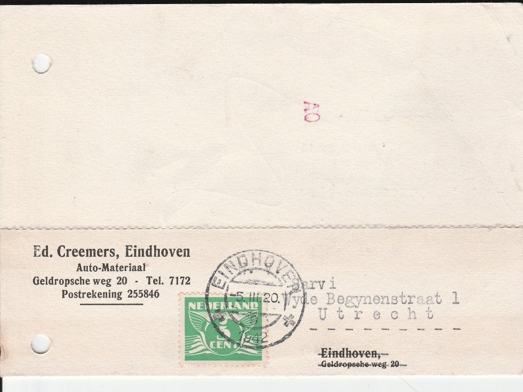 INDHOVEN 1942 Ed CREEMERS Auto-materiaal Geldropscheweg 20, Ophalen of Verzenden, 1940 tot 1960, Gelopen, Noord-Brabant