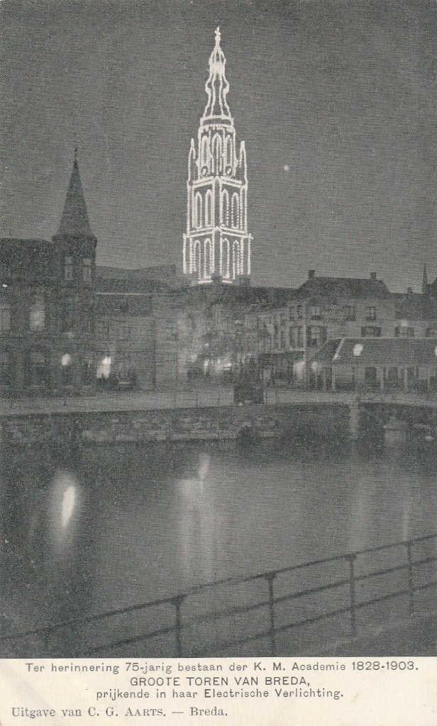 Breda. Groote Toren t.g.v. 75 jarig bestaan van de K.M. A ., Ophalen, Voor 1920, Ongelopen, Noord-Brabant