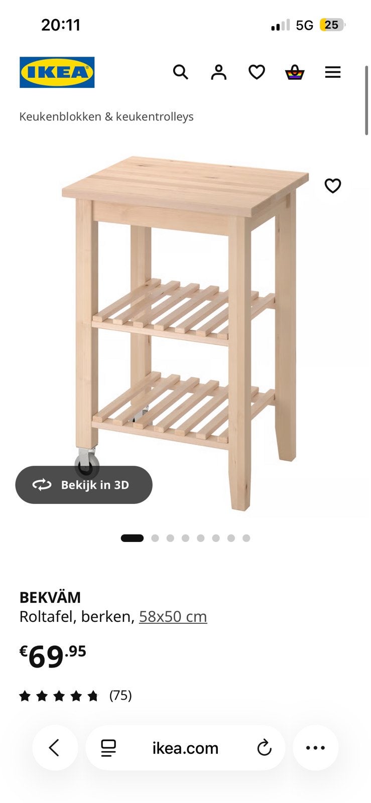 Ikea bekvam trolley, Ophalen, 50 tot 100 cm, Zo goed als nieuw, Minder dan 100 cm