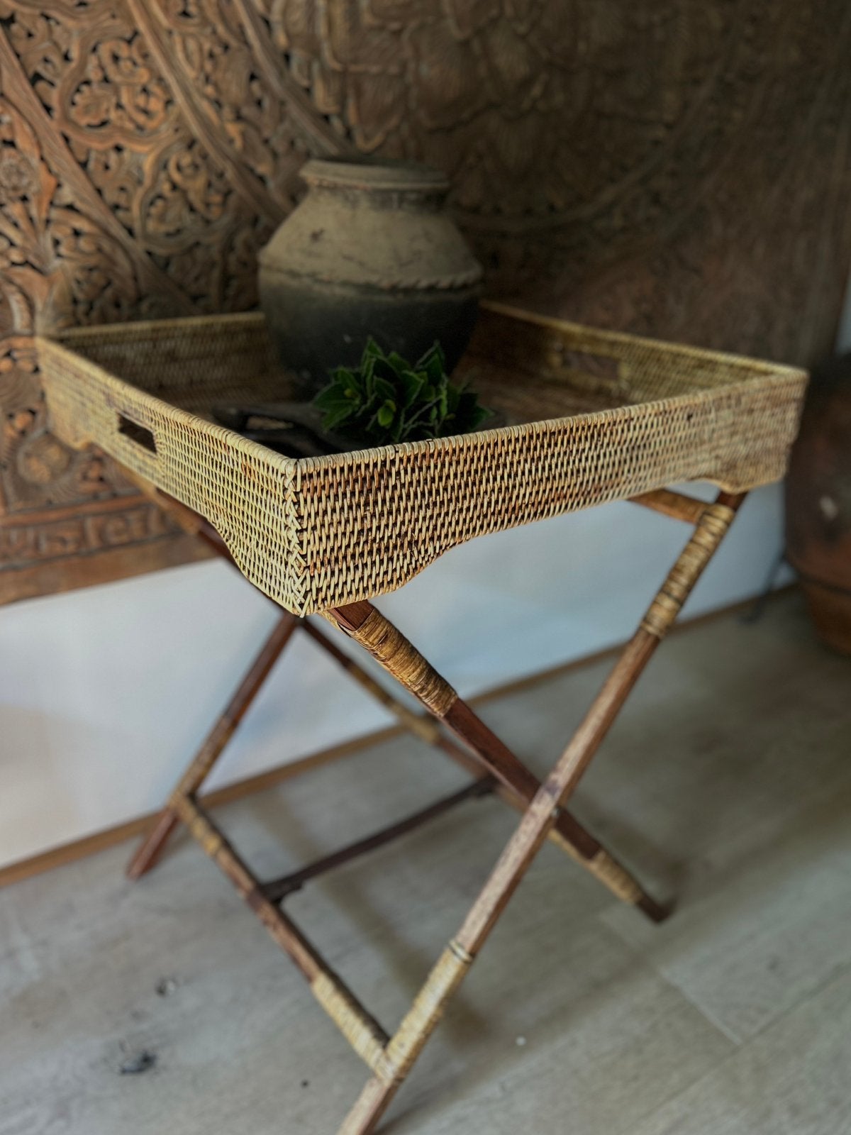 Birma Myanmar butler tray bijzettafel birma riet., Ophalen, Zo goed als nieuw, Rechthoekig, Minder dan 55 cm