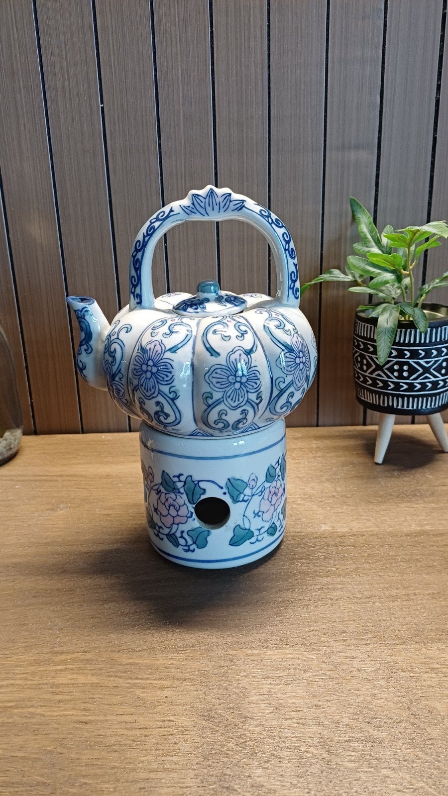 Vintage Chinese blauw-wit porseleinen theepot met theelicht, Ophalen of Verzenden