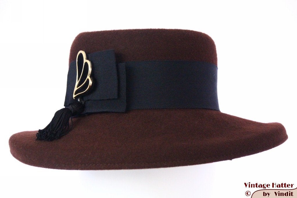 Vintage Wijde dameshoed Sixth Sense bruin vilt 57, 56 of 57 cm (M, 7 of 7⅛ inch), Hoed, Sixth Sense, Ophalen of Verzenden