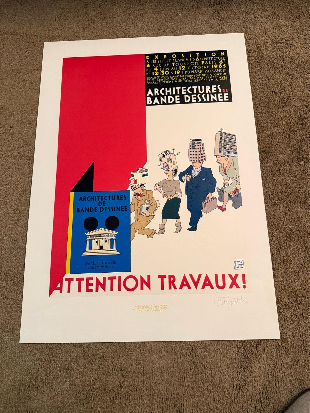 Joost Swarte - Attention Travaux (1985) GESIGNEERD, Ophalen of Verzenden, Kuifje, Plaatje, Poster of Sticker