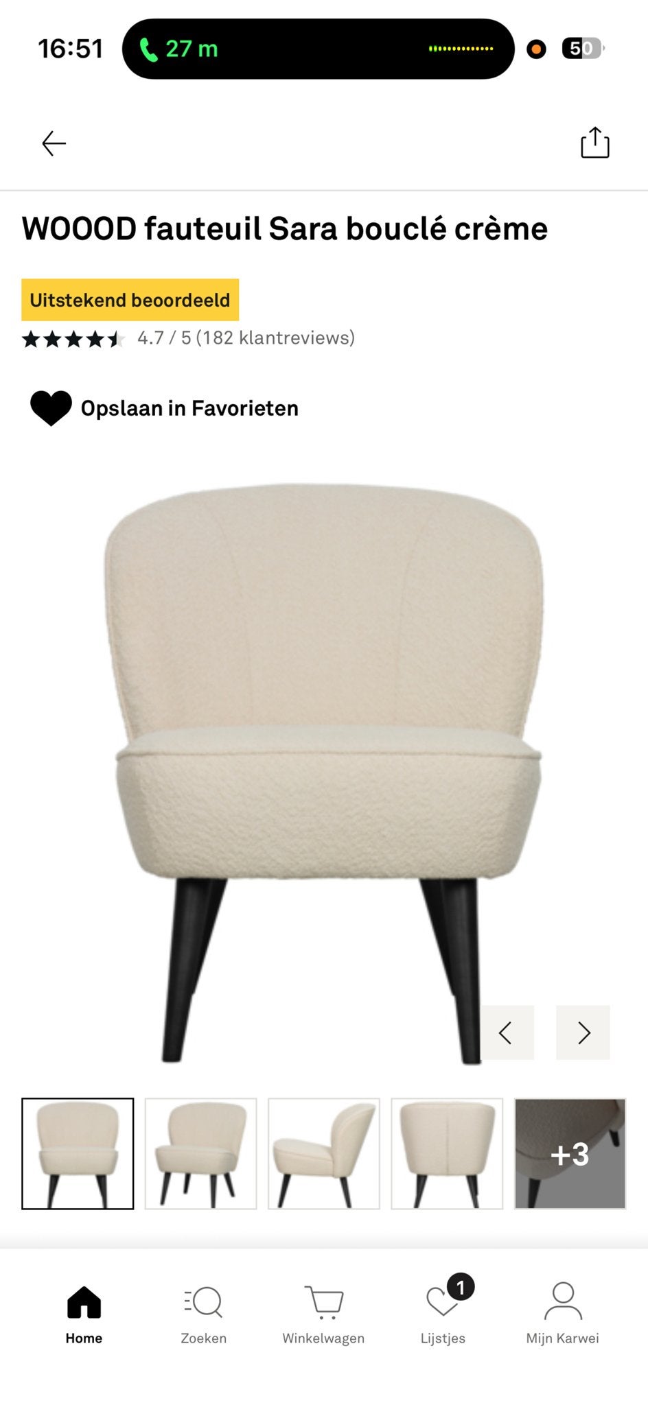 WOOOD fauteuil Sara bouclé crème, Huis en Inrichting, Fauteuils, Minder dan 75 cm, Ophalen of Verzenden, Zo goed als nieuw, Stof