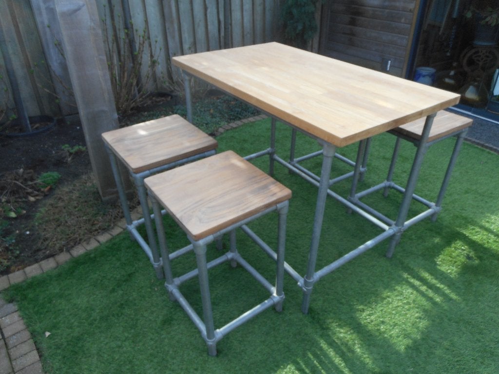 STEIGERBUIS BAR TAFEL MET4 KRUKKEN MET TEAK HOUTEN BLAD, Ophalen, 4 zitplaatsen, Teakhout, Zo goed als nieuw