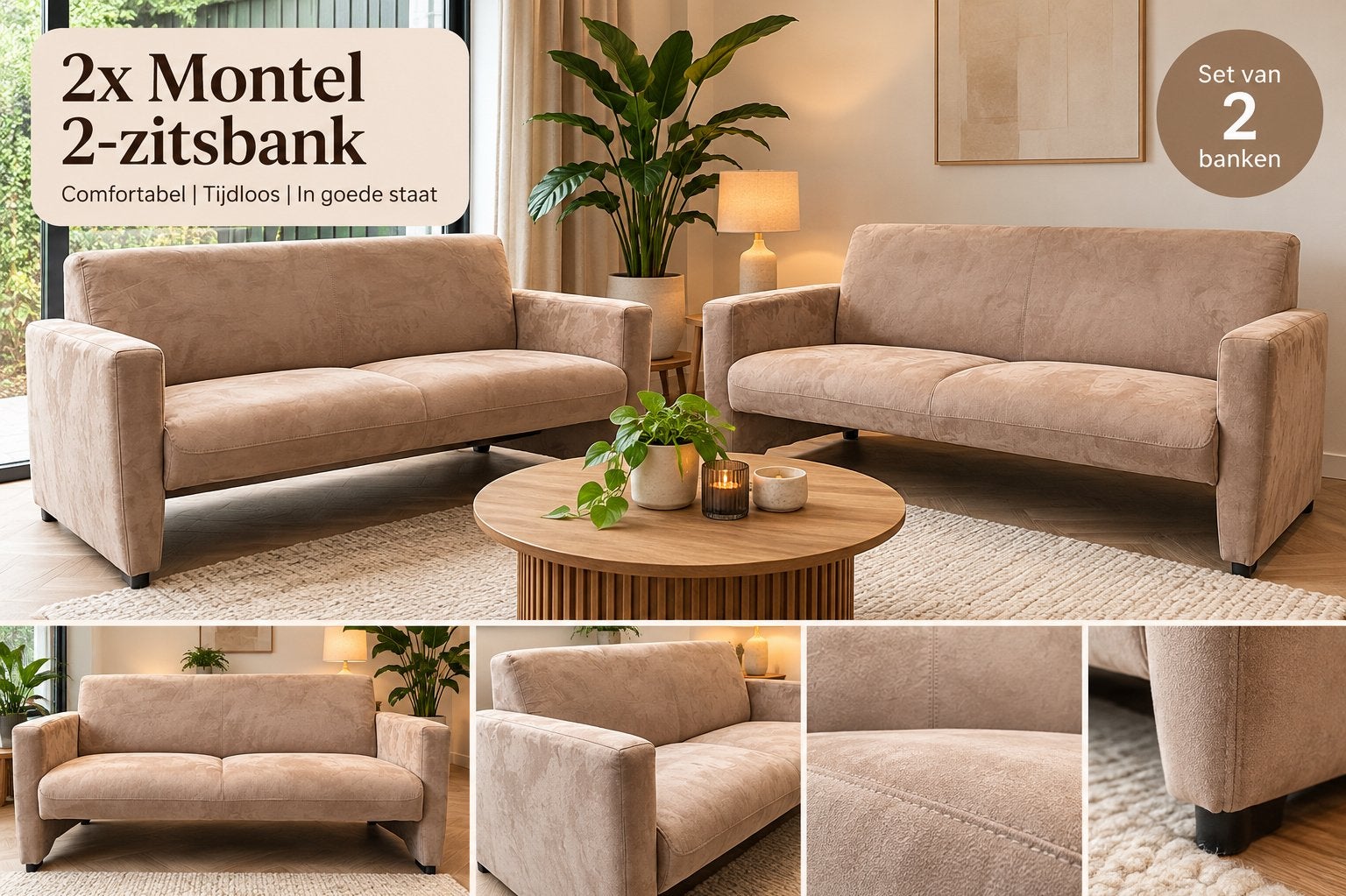 2 mooie Montel 2-zitsbanken | Taupe/beige | Comfortabel, 250 tot 300 cm, Ophalen of Verzenden, Zo goed als nieuw, Vierpersoons of meer