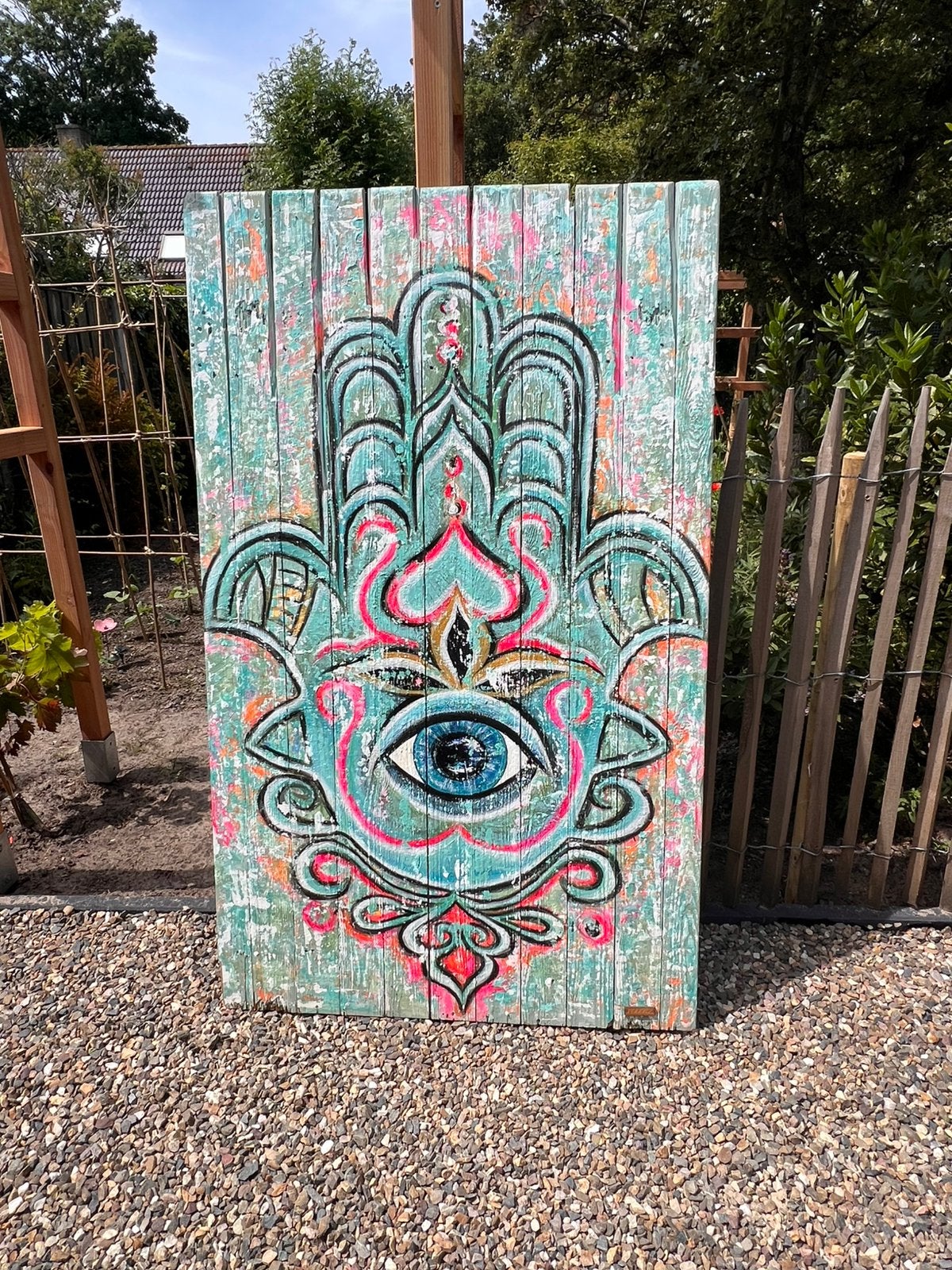 Uniek Roootz Schilderij - Hamsa Hand op Hout, Ophalen