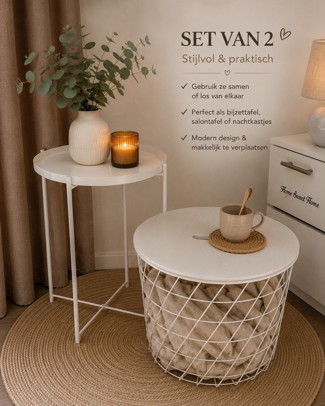 Set van 2 witte bijzettafels – modern & praktisch, Ophalen, Rond, Minder dan 55 cm