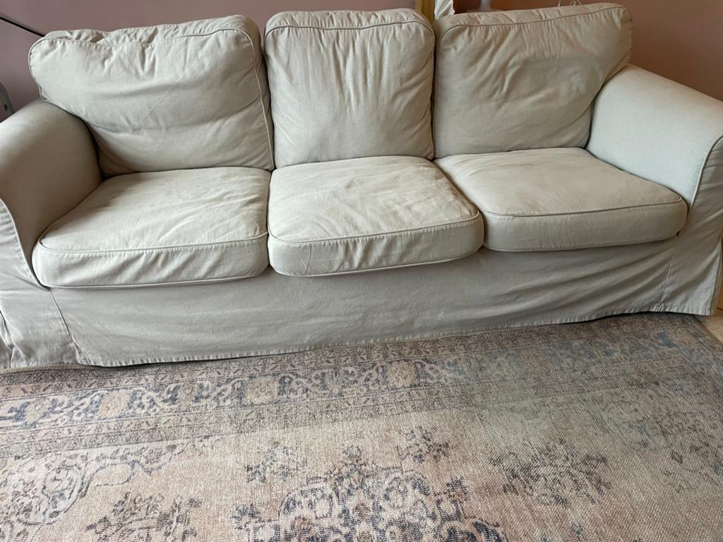 IKEA Ektorp 3-zitsbank, lichtbeige, afneembare hoes, Gebruikt, Driepersoons, 75 tot 100 cm, Ophalen of Verzenden