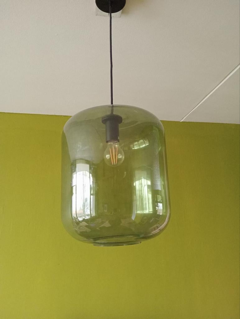 Groene glazen hanglamp - Stijlvolle verlichting, Huis en Inrichting, Lampen | Hanglampen, Ophalen, Minder dan 50 cm