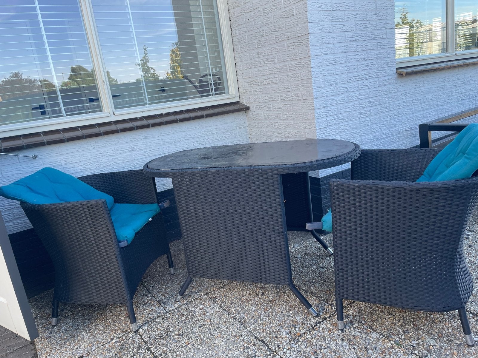 Wicker tuinset met tafel en 2 stoelen, Gebruikt, Eettafel, Wicker, Tuinset