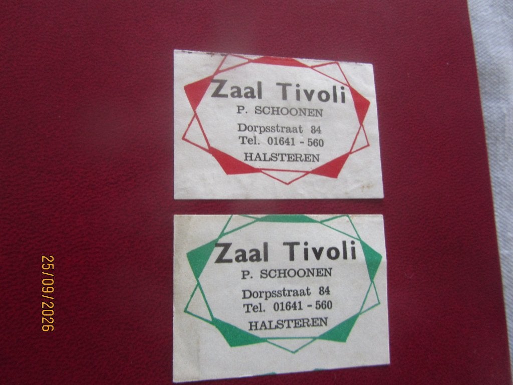 Zaal Tivoli  P. Schoonen Dorpsstraat Halsteren, Ophalen of Verzenden, Gebruikt, Luciferdoosjes of -merken
