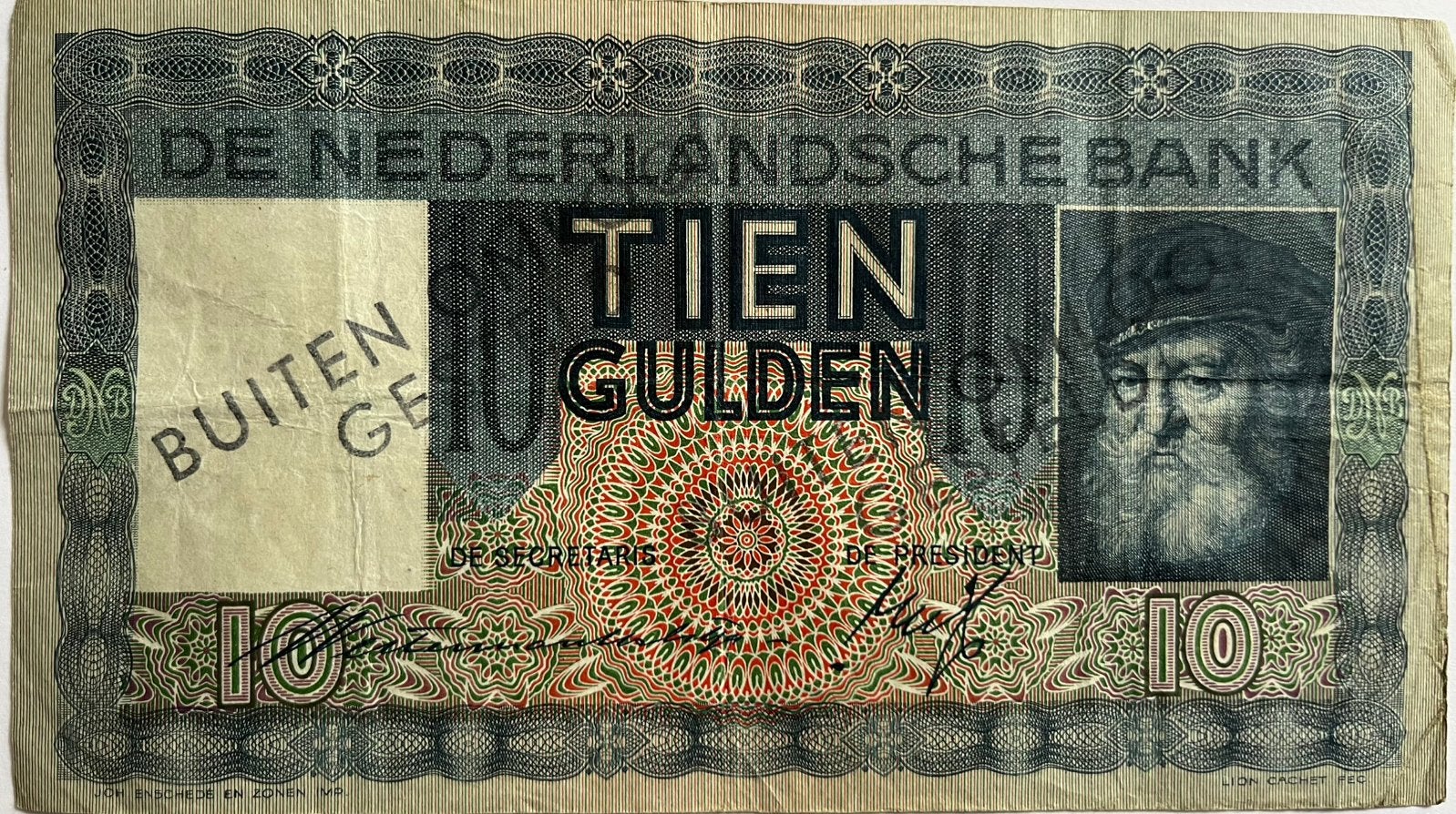 Tien gulden 1934 grijsaard met buiten omloop stempel, Postzegels en Munten, Ophalen of Verzenden, 10 gulden, Los biljet