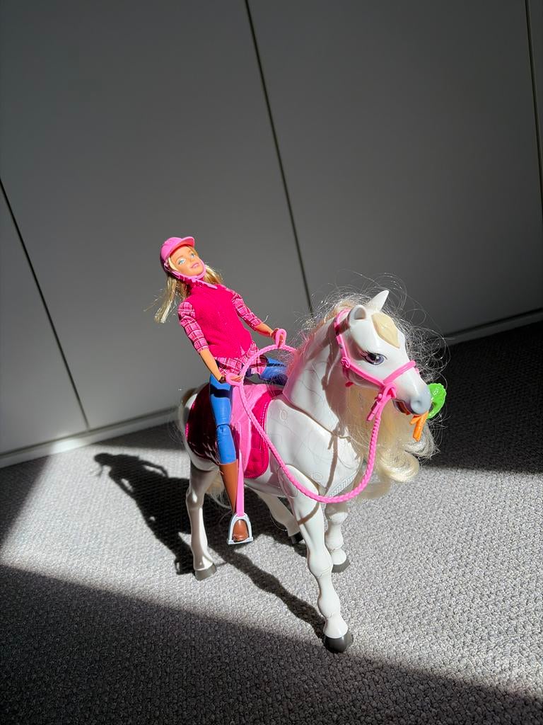 Barbiepaard met Barbiepop en accessoires, Ophalen of Verzenden, Gebruikt, Meisje