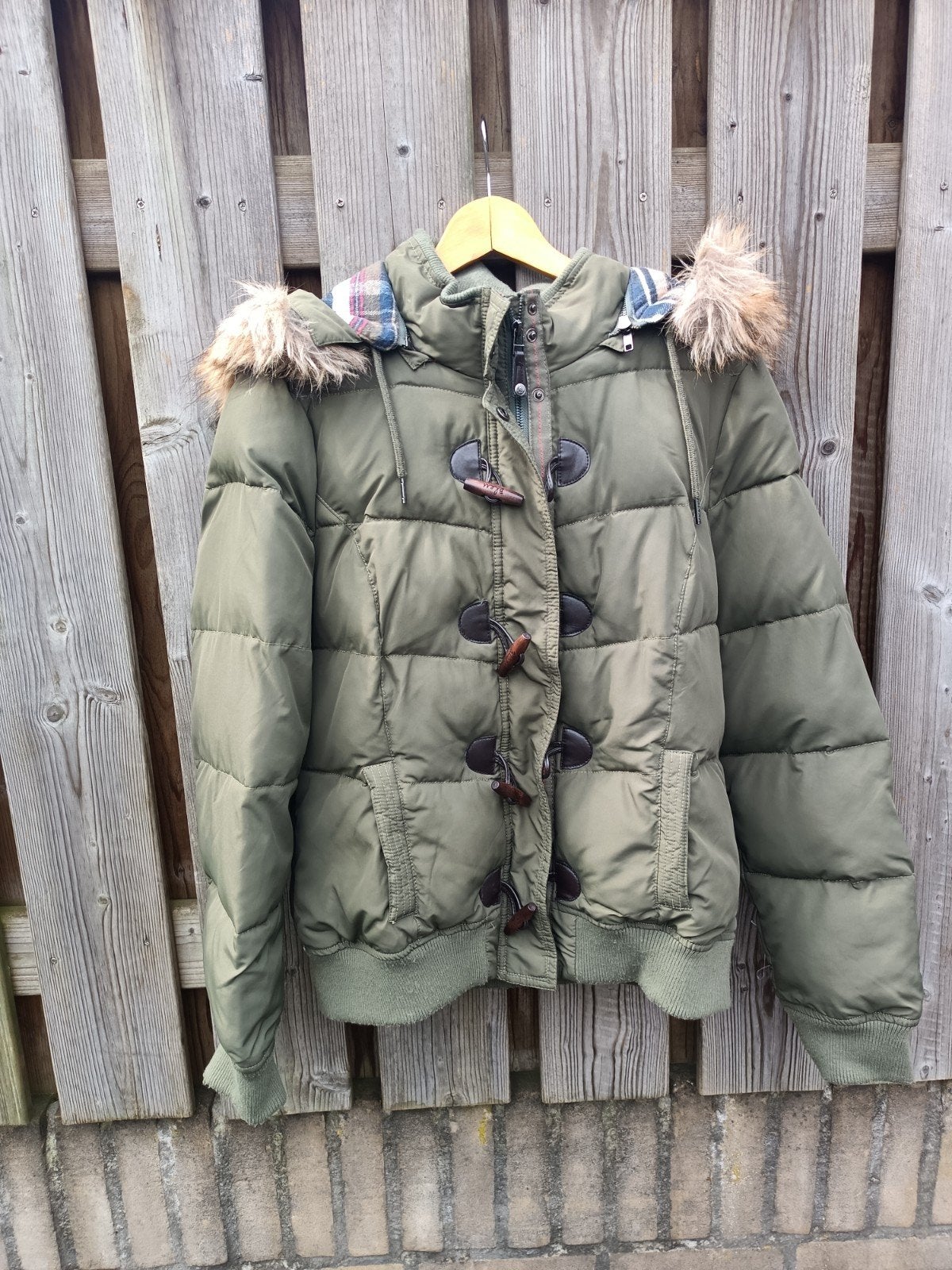Warme winterjas met bontkraag - Bien Bleu, Maat 42/44 (L), Ophalen of Verzenden, Gedragen, Groen