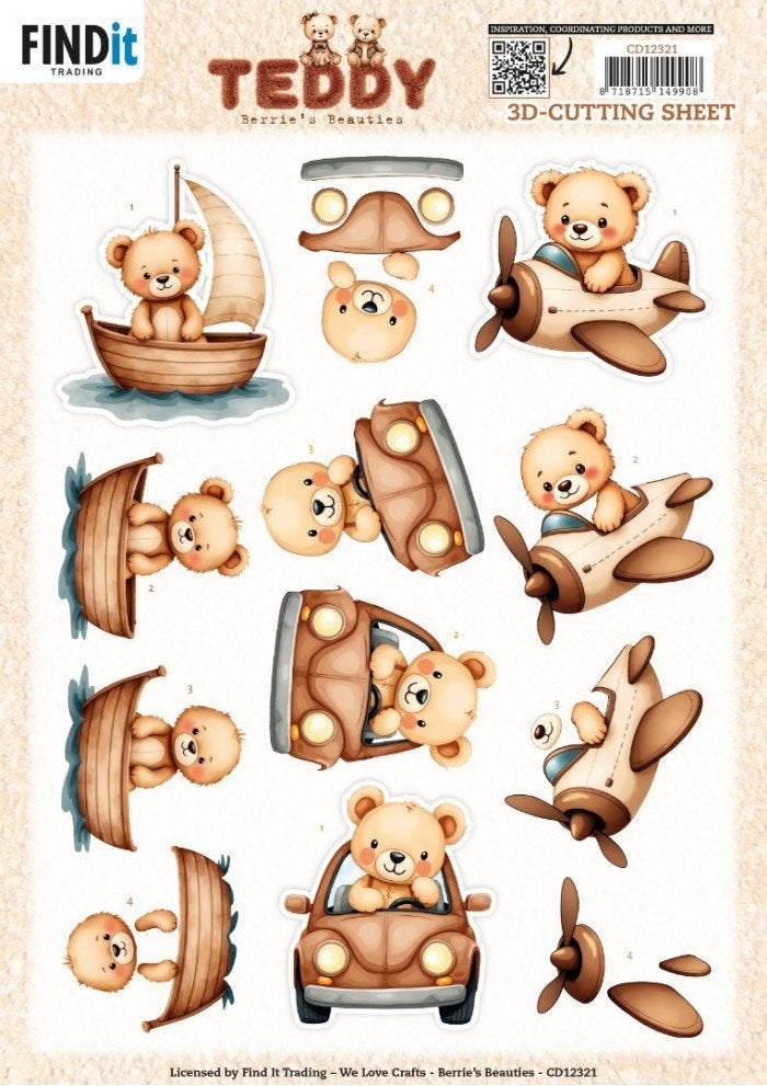 Berrie's Beauties CD12321 Teddy Transport 3D knipvel A4, Hobby en Vrije tijd, Kaarten | Zelf maken, ., Nieuw, Ophalen of Verzenden
