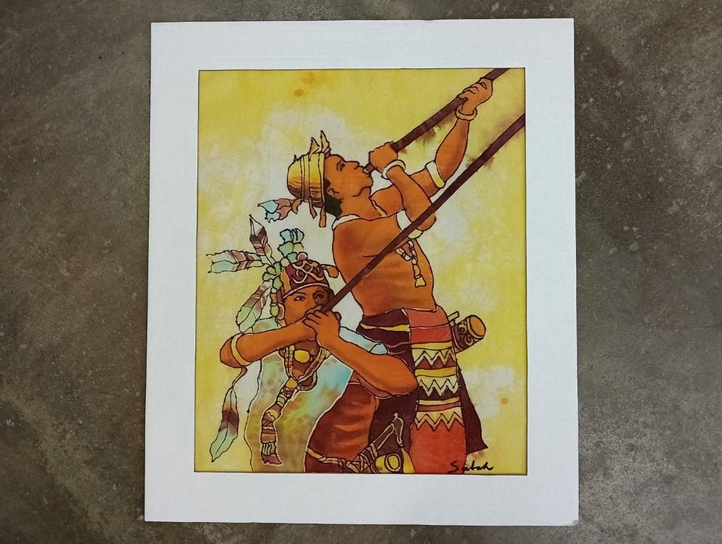 Batik afbeelding van Murut krijger, Antiek en Kunst, Ophalen of Verzenden, Ingelijst, Meerkleurig, Overige herkomsten