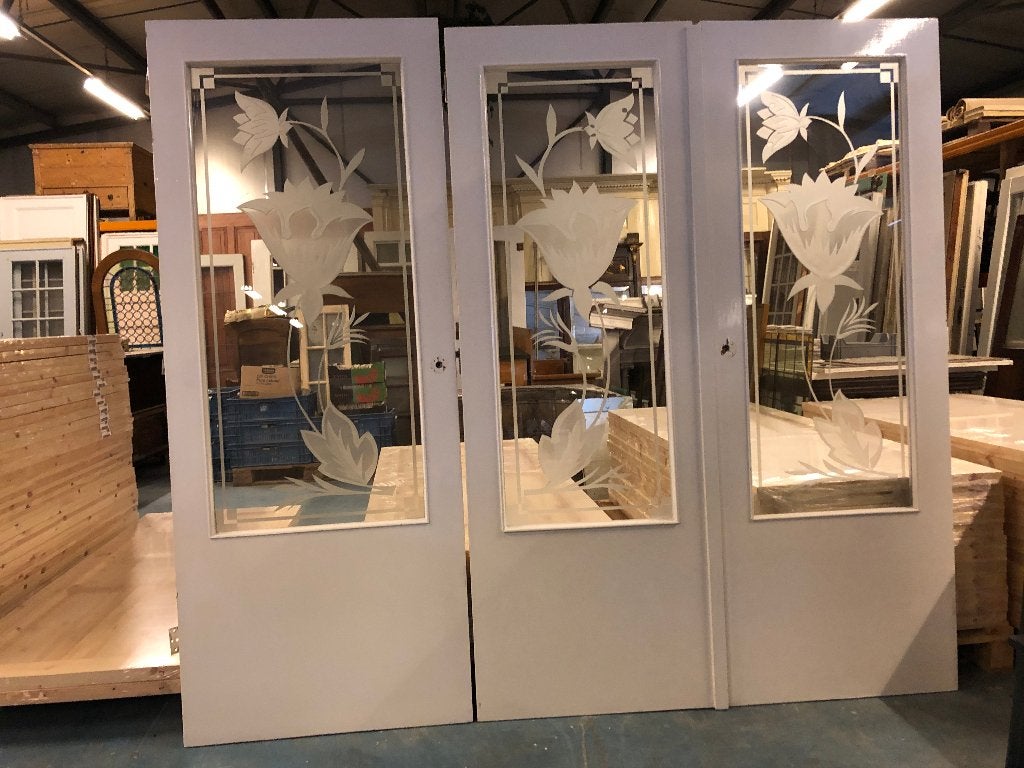 3 stuks identieke antieke deur met geëtst glas bloem., Antiek en Kunst, Ophalen